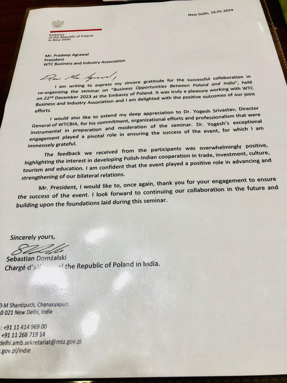 WTC President Pradeep Agrawal received appreciation from Poland Charge De Affairs