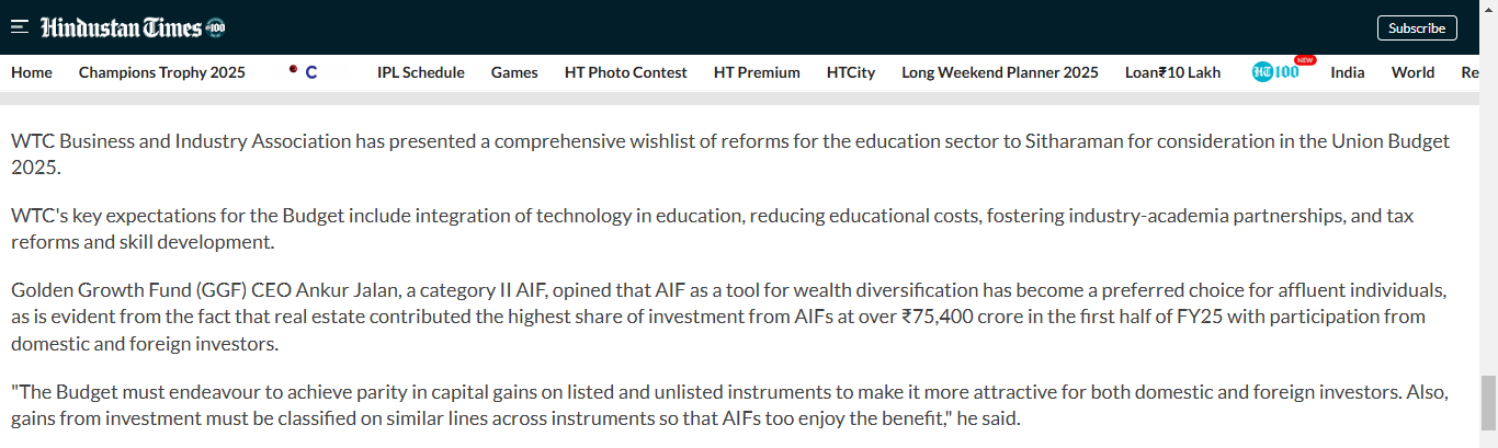 WTC Chamber’s Recommendations for Budget 2025 Featured in Major News Outlets, Published in Economic Times, Hindustan Times, and NewsDrum